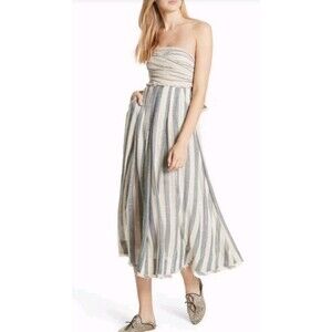 Free People Stripe Me Up Strapless Midi Dress Gauzy Pockets Tie Waist Sz Large